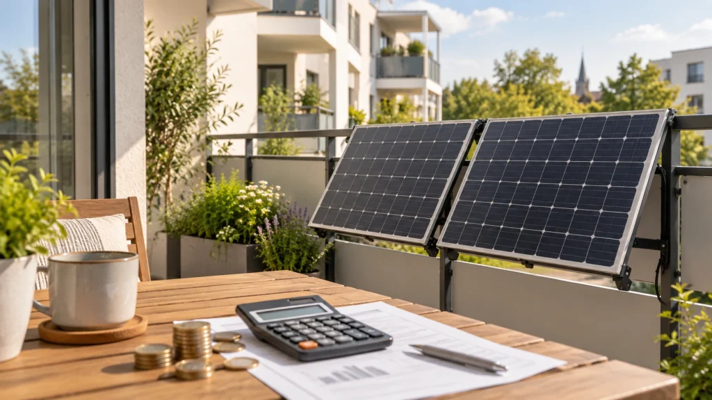 Balkonkraftwerk mit Solarmodulen, Rechner und Stromkosten-Unterlagen zum Vergleich von Stromtarifen