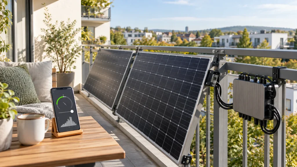 Balkonkraftwerk mit Solarmodulen und Energie-Monitoring für einen dynamischen Stromtarif