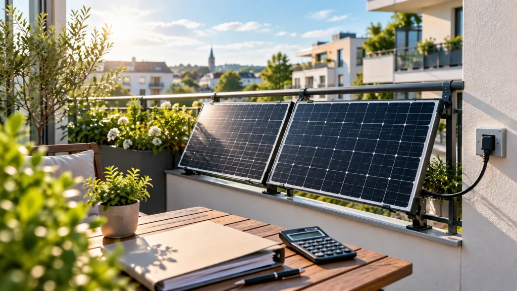 Balkonkraftwerk auf einem Balkon mit Unterlagen und Rechner zur Förderplanung