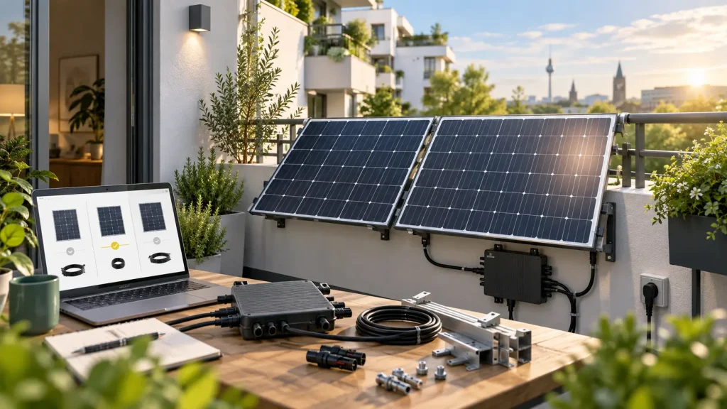 Balkonkraftwerk mit Solarmodulen, Wechselrichter, Kabeln und Montagematerial vor dem Kauf