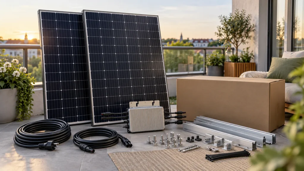 Balkonkraftwerk Komplettset mit Solarmodulen, Wechselrichter, Kabeln und Montagematerial