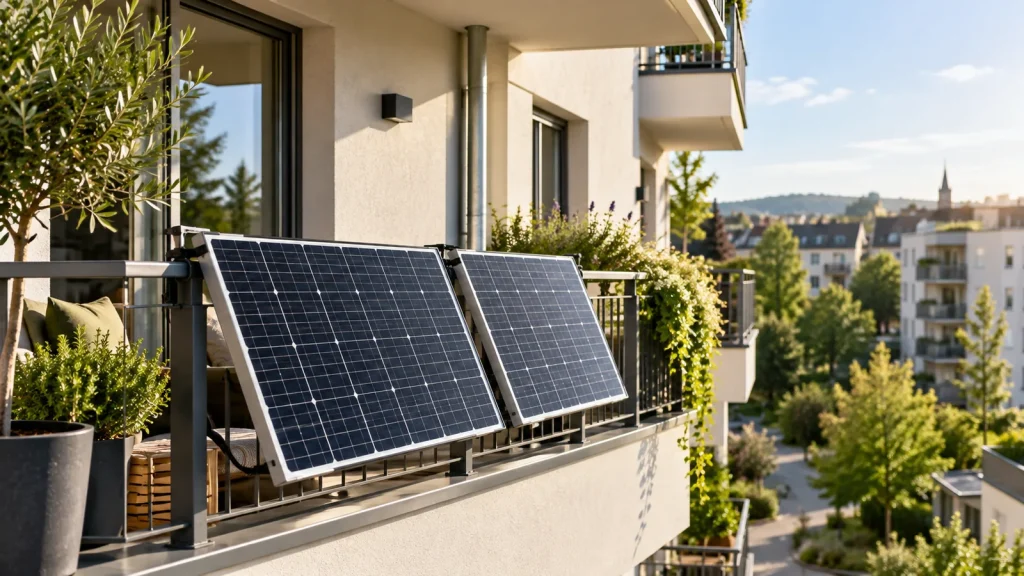 Balkonkraftwerk mit zwei Solarmodulen an einem Balkon einer Mietwohnung