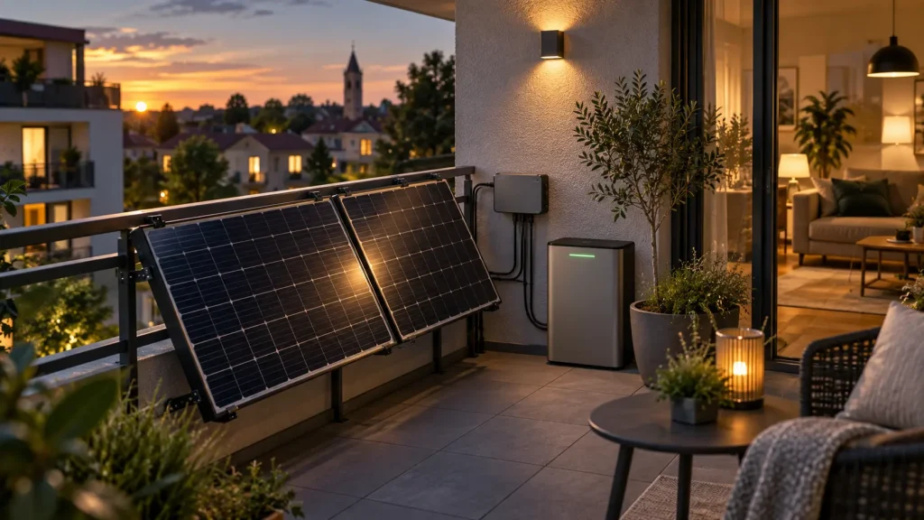 Balkonkraftwerk mit Batteriespeicher auf einem modernen Balkon am Abend