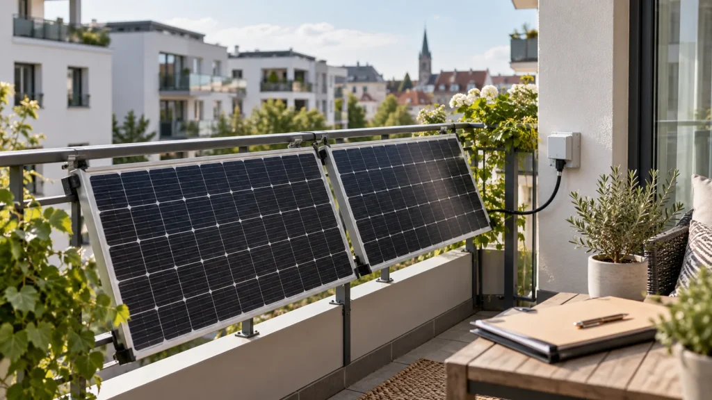 Balkonkraftwerk mit zwei Solarmodulen auf einem modernen Balkon