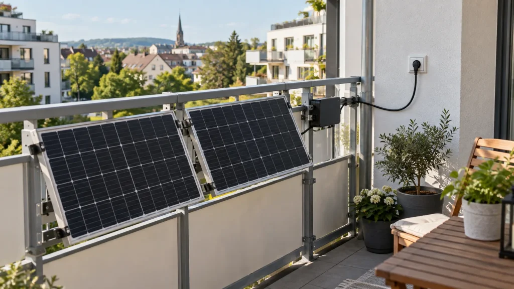 Balkonkraftwerk mit zwei Solarmodulen und direktem Anschluss an eine Schuko-Steckdose auf einem Balkon