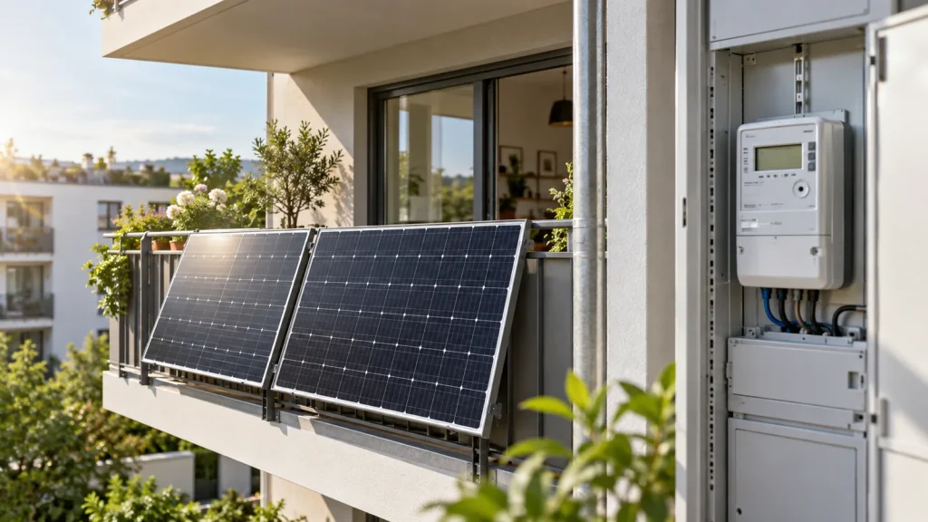Balkonkraftwerk mit Solarmodulen und modernem Stromzähler beziehungsweise Smart Meter