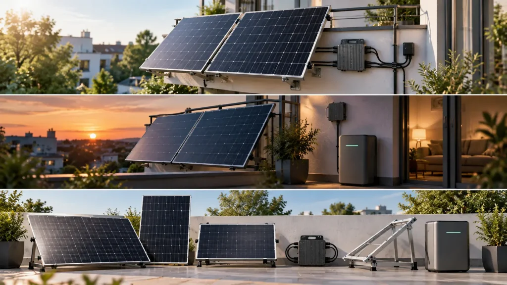 Verschiedene Balkonkraftwerk-Konfigurationen mit Solarmodulen, Wechselrichter und Speicher im Vergleich