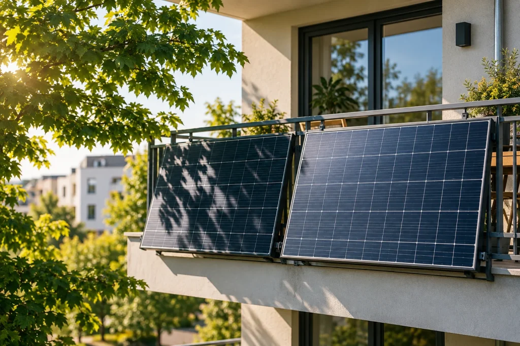 Teilweise verschattete Solarmodule eines Balkonkraftwerks