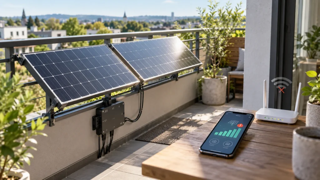 Balkonkraftwerk mit Smartphone und WLAN-Router zur Fehleranalyse bei App- oder Verbindungsproblemen