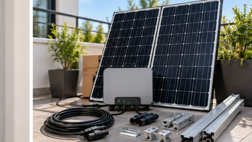 Solarmodule mit Mikro-Wechselrichter und Montagematerial für ein Balkonkraftwerk