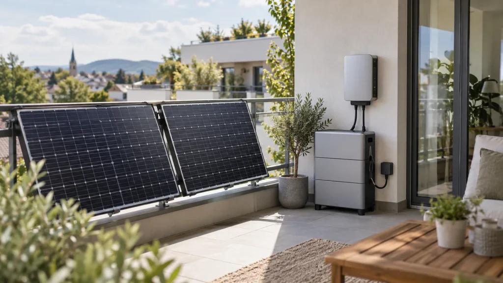 Balkonkraftwerk mit Batteriespeicher und Wechselrichter auf einem modernen Balkon